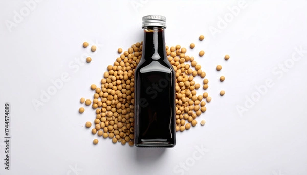 Fototapeta A soy sauce bottle glass container with soybeans around it, shot from above, flat lay