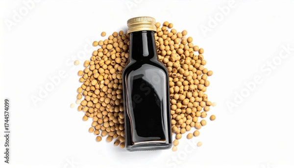 Fototapeta A soy sauce bottle glass container with soybeans around it, shot from above, flat lay