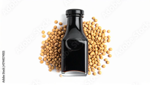 Fototapeta A soy sauce bottle glass container with soybeans around it, shot from above, flat lay