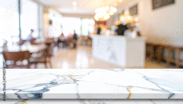 Fototapeta Marble empty white table top front view over blur cafe coffee shop background