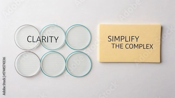 Fototapeta Clear lenses arranged in a grid with text emphasizing clarity and simplification on a sticky note background