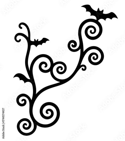 Fototapeta Black corner ornament with elegant swirling vines and bats, Halloween corner design with gothic curls and spooky shapes
