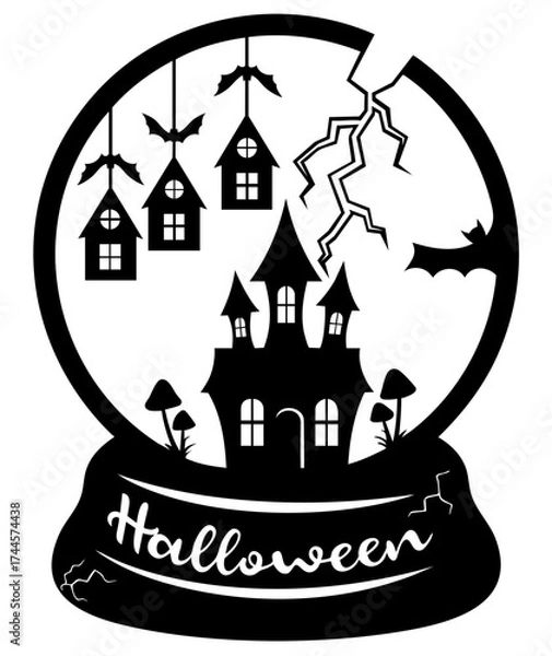Fototapeta Haunted house inside Halloween snow globe with flying bats, hanging lantern houses and lightning above dark forest