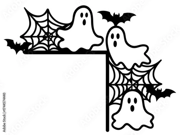 Fototapeta Ghosts with spider webs and bats — halloween corner decoration for windows, door frames, posters and page corners