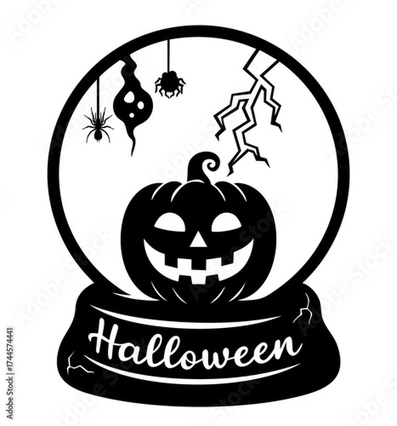 Fototapeta Halloween globe with carved pumpkin jack o lantern, hanging spider and dripping shapes inside cracked crystal ball