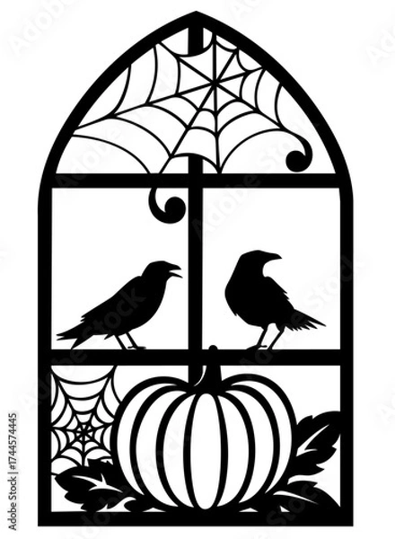 Fototapeta Halloween gothic window silhouette with ravens, pumpkin, and spiderwebs for spooky autumn home and window decoration