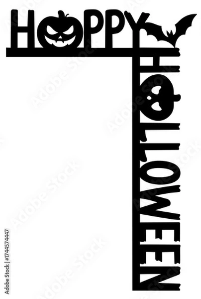 Fototapeta Happy Halloween corner text with pumpkin face and bat — festive decoration for windows, doors, pages and home frames