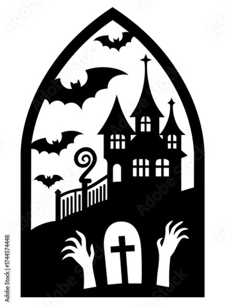 Fototapeta Haunted gothic window silhouette with spooky castle, flying bats, cemetery cross and rising zombie hands for Halloween window decoration