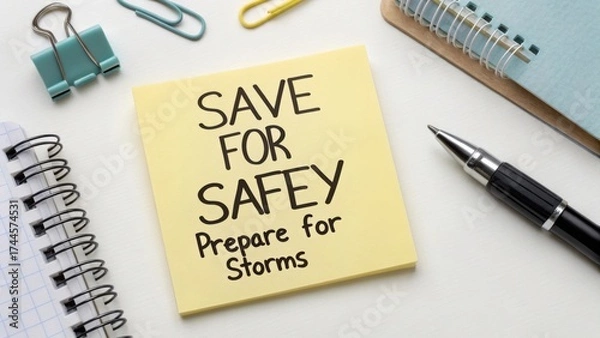 Obraz Motivational Note on Sticky Pad Encouraging Safety and Preparation for Storms in Office Environment