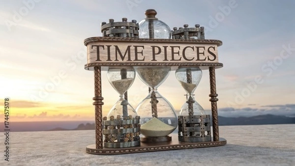 Obraz Elegant hourglass display with intricate mechanisms showcasing the concept of time and its passage against a sunset backdrop