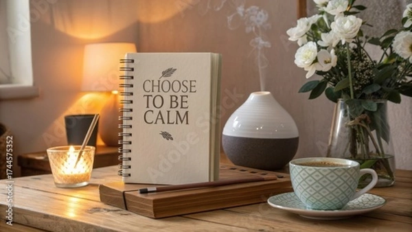 Fototapeta Inspirational workspace with calming elements, featuring a notebook, coffee, and aromatic diffuser for tranquility