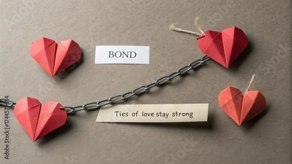 Obraz Heartwarming Paper Craft Display of Red Hearts and Chain Symbolizing Love and Connection in a Cozy Setting