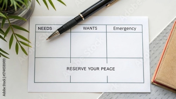 Obraz Organizational Planning Sheet for Prioritizing Needs, Wants, and Emergencies with Pen and Green Plant Accent