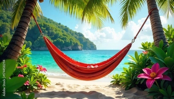 Obraz Serene Hammock Swinging Gently in Lush Tropical Paradise Vibrant Flowers, Relaxation, Vacation Escape