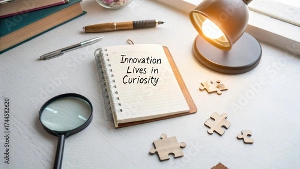 Fototapeta Creative Workspace Setup with Notebook and Light, Symbolizing Innovation and Curiosity in Learning and Development