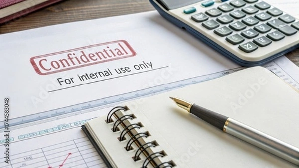 Fototapeta Professional Office Workspace with Confidential Documents, Calculator, and Notepad on Wooden Desk for Business Analysis