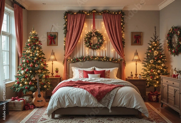 Fototapeta Cozy Christmas bedroom interior with decorated fir trees and guitar. Front view. 3d rendering.