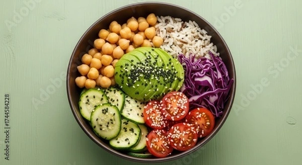 Fototapeta Colorful buddha bowl with fresh chickpeas, avocado, cucumber, tomatoes, red cabbage, and rice.