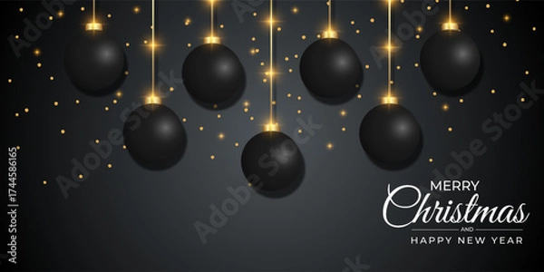 Obraz Merry christmas banner black balls with christmas ornaments