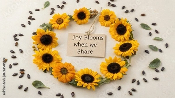 Obraz Joyful Sunflower Wreath on a Light Background with a Sign Emphasizing the Beauty of Sharing and Togetherness