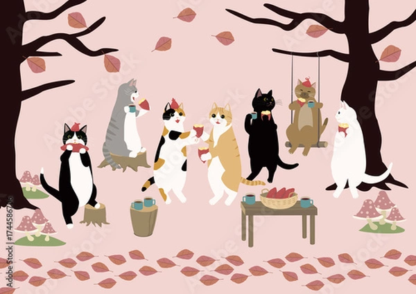 Obraz 秋の公園で焼き芋を食べる7匹の猫