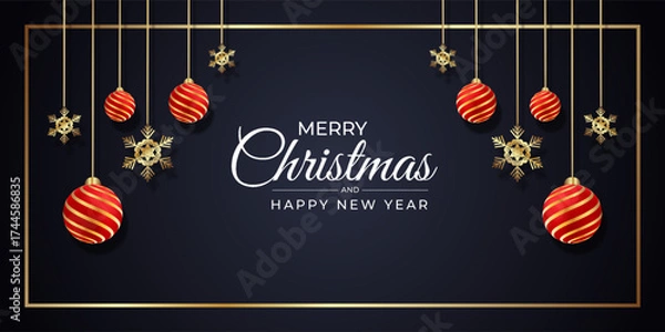 Obraz Modern christmas banner with red balls golden shonoflacke and golden frame