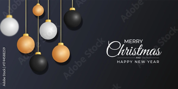 Obraz Christmas banner with golden and black balls
