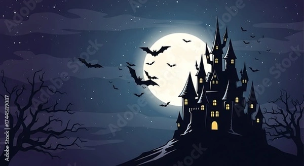Fototapeta Spooky haunted castle with bats flying under a full moon on Halloween night