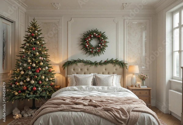 Fototapeta Interior of bedroom with Christmas tree, fir branches and mistletoe wreath. Front view. 3d rendering.