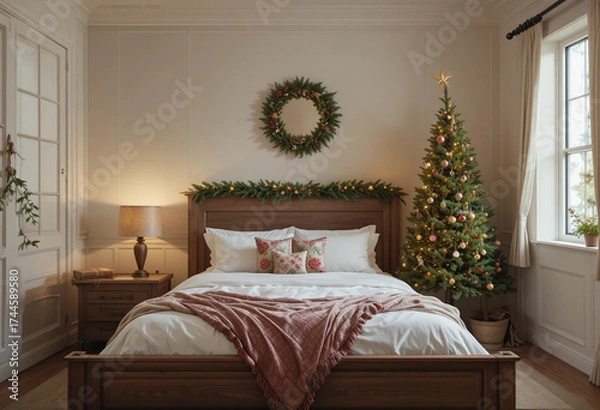 Fototapeta Interior of bedroom with Christmas tree, fir branches and mistletoe wreath. Front view. 3d rendering.