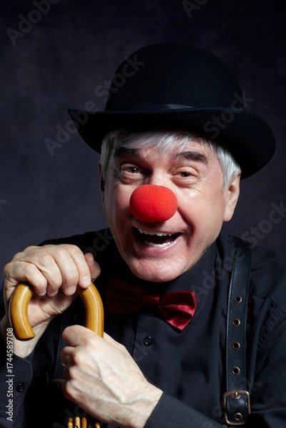 Fototapeta Portrait of laughing  clown against a dark background leaning on the handle of an umbrella.