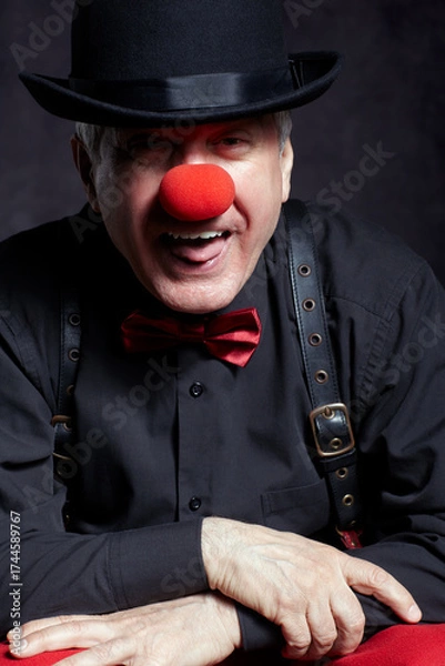 Fototapeta Portrait of a clown with a hat pulled down over his eyes sticks out his tongue.