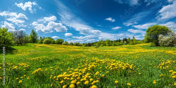 Fototapeta Lush green spring grass field bathed in morning sunlight, evoking freshness. travel magazines, destination branding, designed for travel destination branding, used by project managers.