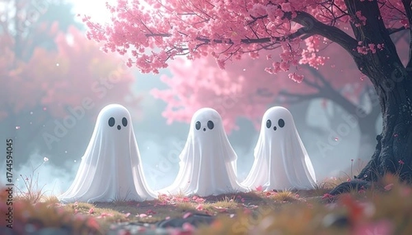 Obraz Three small ghosts under a pink cherry blossom tree
