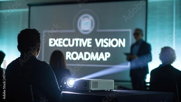 Fototapeta Presentation of Executive Vision Roadmap with Projector in Business Conference Room Setting