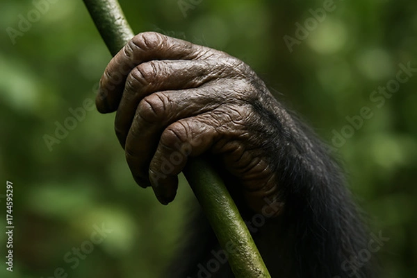 Fototapeta Close-up of a chimpanzee's hand gripping a branch, showcasing primate anatomy and jungle habitat
