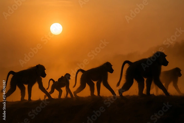 Fototapeta Silhouette of a Baboon Troop Walking at Sunrise A Dramatic African Wildlife Scene