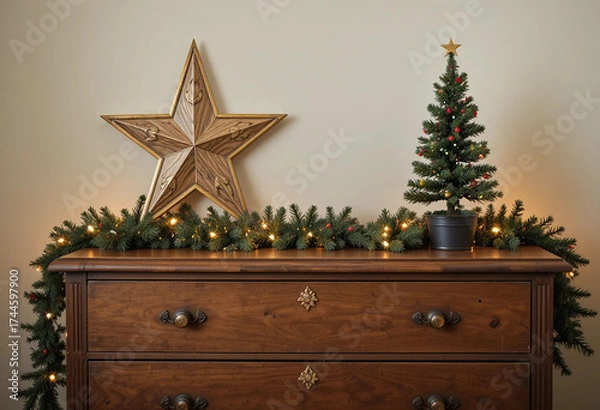 Fototapeta Vintage wooden chest of drawers decorated for Christmas. A decorative star and a small green Christmas tree with garland lights on a chest of drawers with a Christmas tree garland. 3d rendering.