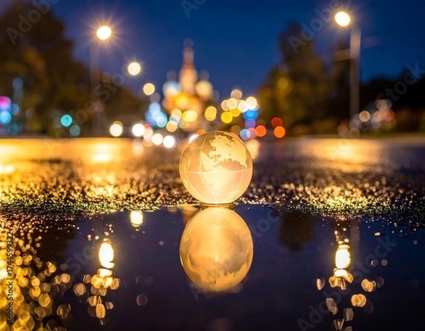 Obraz Tiny globe in puddle, city lights