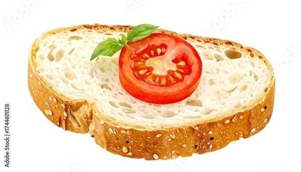 Obraz Toasted bread slice topped with tomato slice and basil