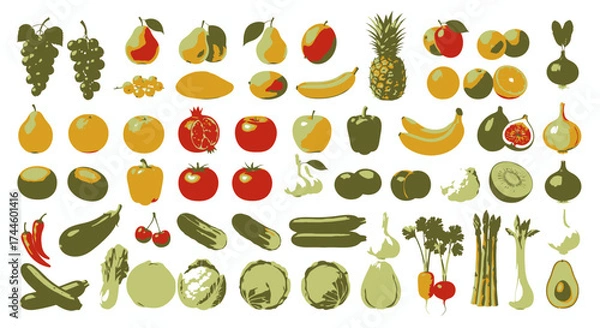 Fototapeta A vibrant vector illustration showcases a diverse collection of fresh fruits and vegetables, perfect for healthy eating, culinary projects, and design needs with a png background.