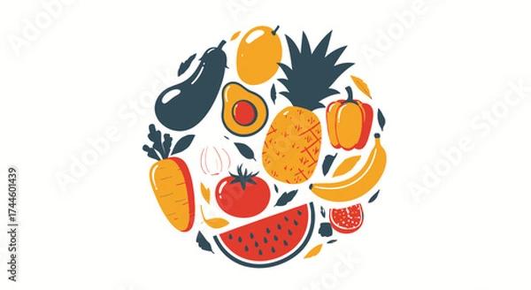 Fototapeta A vibrant circular arrangement of fresh fruits and vegetables, presented as a flat vector illustration on a clean white background, promoting healthy eating.