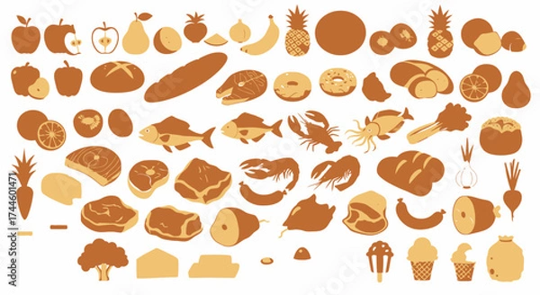 Fototapeta A vector illustration of a variety of food items including fruits, vegetables, meats, and baked goods, presented in a simple, clean graphic style suitable for diverse applications.