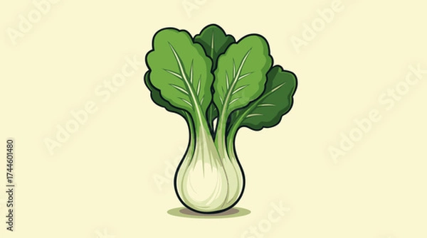 Fototapeta A vibrant, stylized illustration of a fresh bok choy vegetable, isolated on a soft yellow background, perfect for healthy eating and culinary themes.