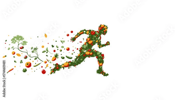 Fototapeta A dynamic human figure, composed entirely of vibrant fresh vegetables and fruits, energetically runs forward, symbolizing healthy lifestyle and nutrition.