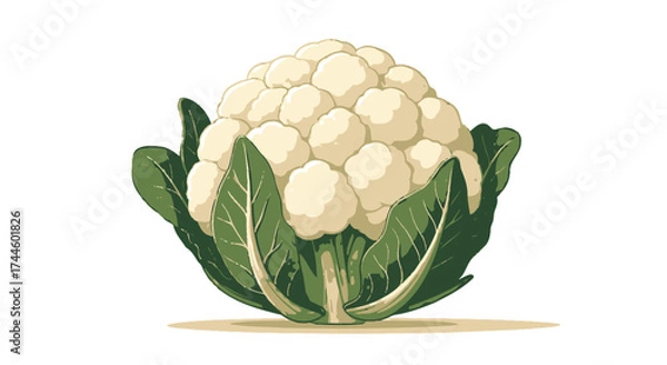 Fototapeta A fresh, healthy cauliflower with vibrant green leaves is presented as a clean, isolated vector illustration on a pure white background.