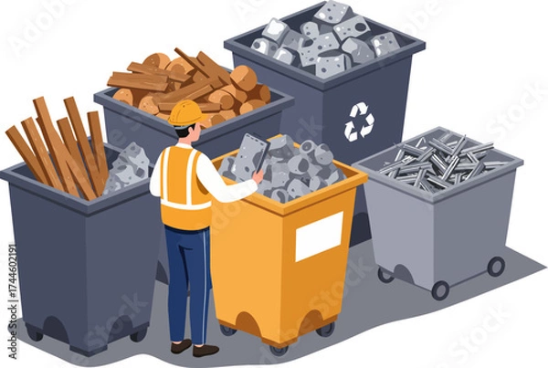 Fototapeta Construction worker sorting materials in recycling bins.