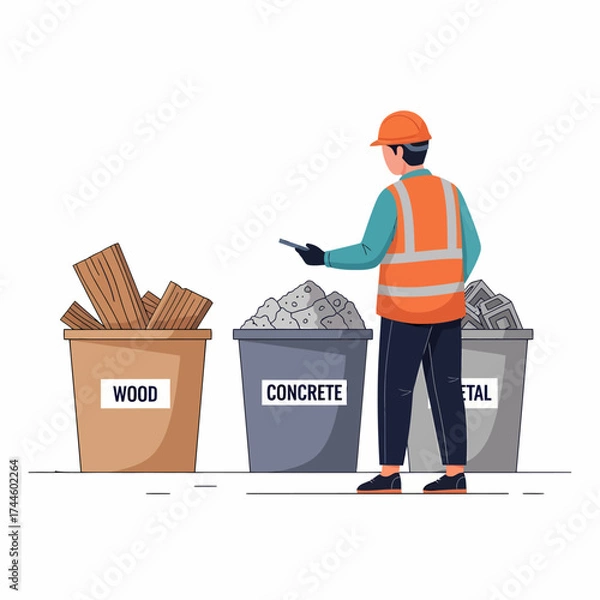 Fototapeta Construction worker sorting waste into wood concrete and metal bins.