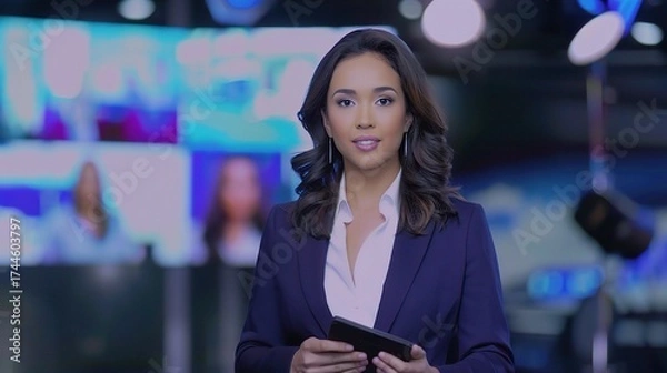 Fototapeta Female anchor sitting at a modern desk with a professional microphone, ring light, and laptop, hosting a live stream or recording a video, with a neat backdrop of shelves holding books or decorative