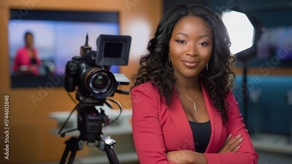 Fototapeta Female anchor sitting at a modern desk with a professional microphone, ring light, and laptop, hosting a live stream or recording a video, with a neat backdrop of shelves holding books or decorative